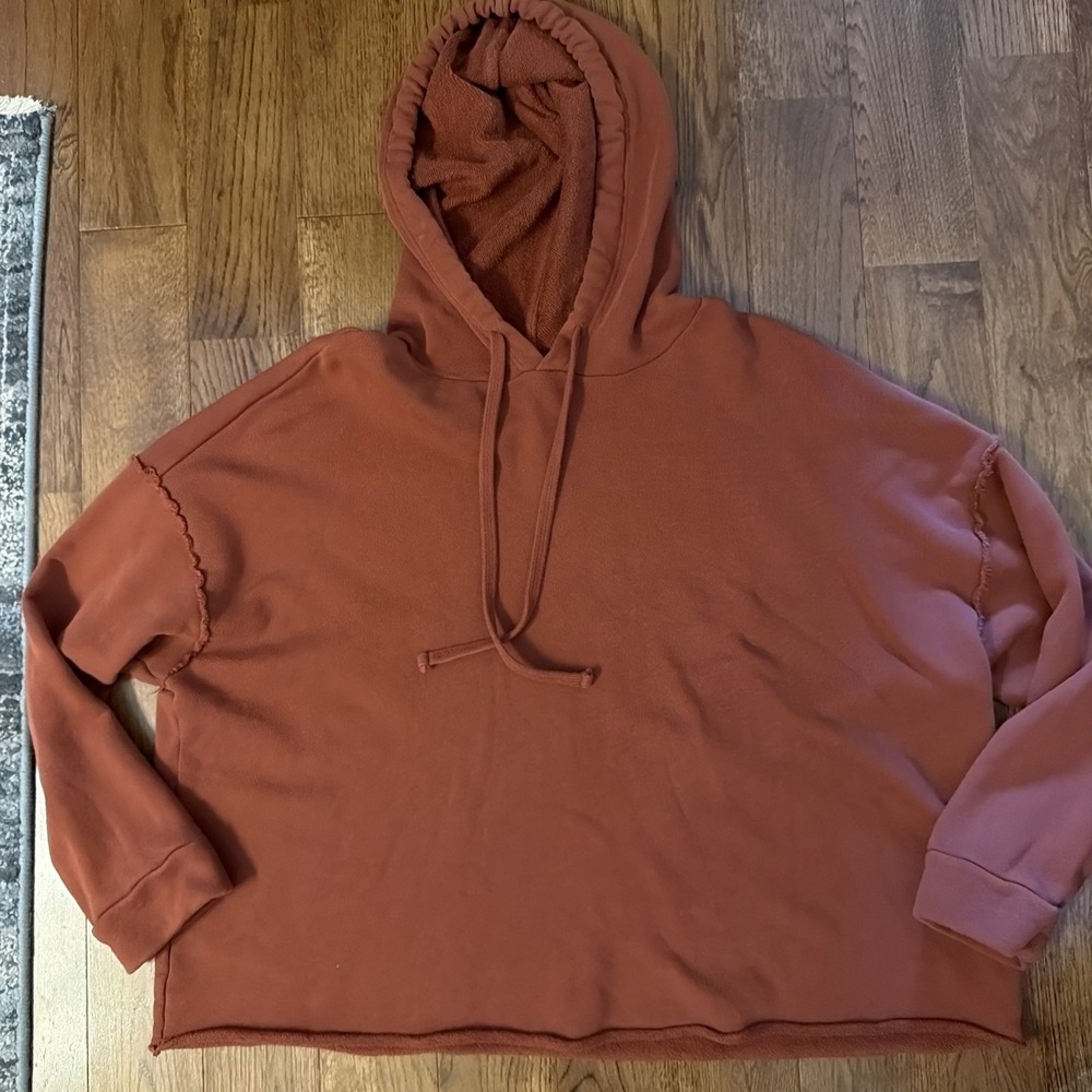 Eileen Fisher Hoodie Sweatshirt Size Medium Rust Brown Boxy Raw Hem French Terry